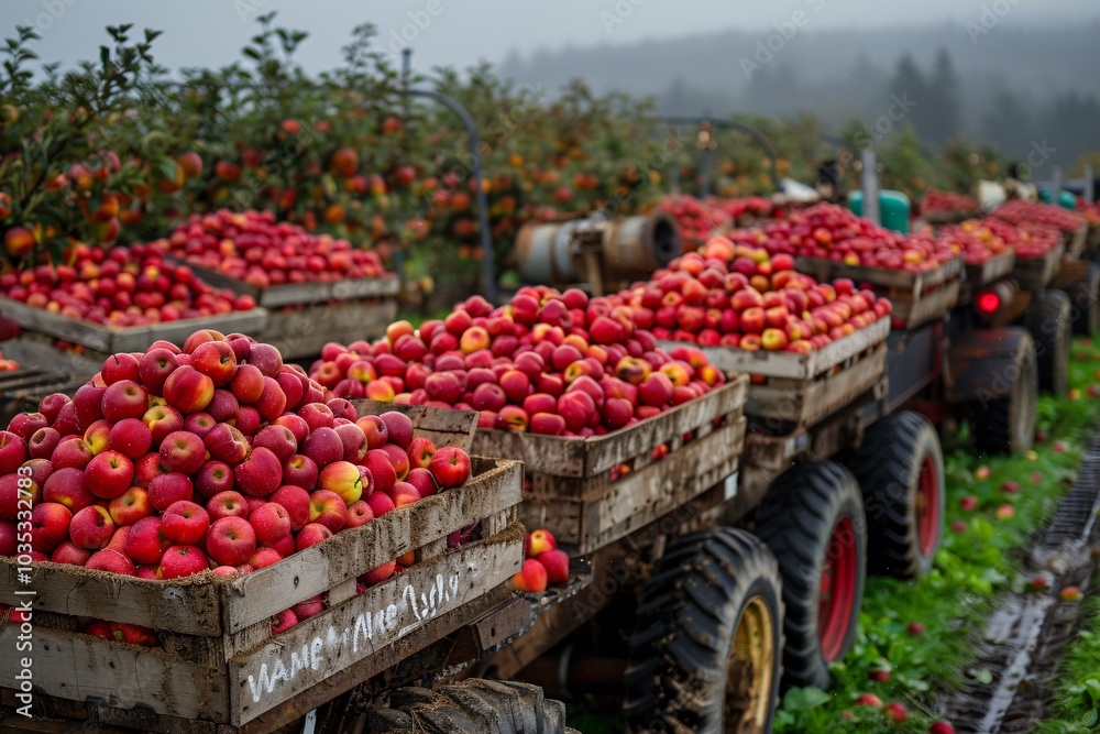 Workers are gathered around trailers filled with freshly harvested apples in an orchard, surrounded by colorful trees under cloudy skies. Workers are gathered around trailers filled with freshly harvested apples in an orchard, surrounded by colorful trees under cloudy skies.
