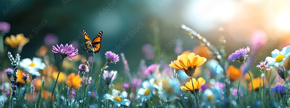 A serene scene featuring a butterfly resting on colorful wildflowers, illuminated by warm sunlight, creating a vibrant and peaceful atmosphere in nature.