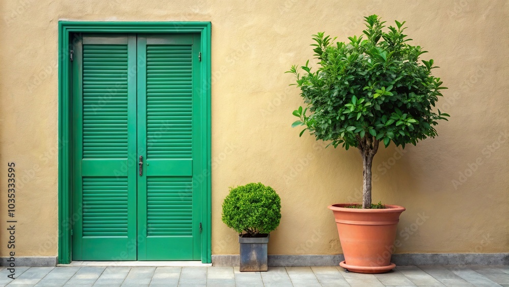 Plant next to door with green shutters and frame Plant next to door with green shutters and frame
