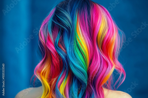 Vibrant rainbow hair showcasing vivid colors against a blue background in bright daylight. Generative AI photo