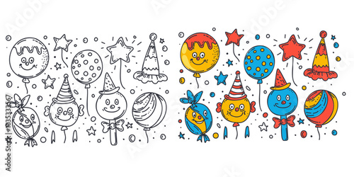 Set of cheerful clowns and balloons in color and black-and-white versions