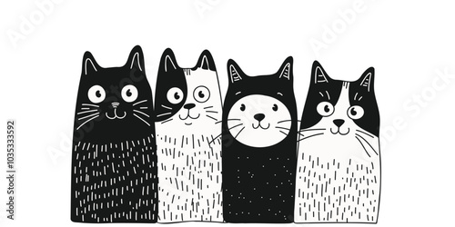 Black and white cats with cute faces in cartoon style, doodle style, hand-drawn, on a white background