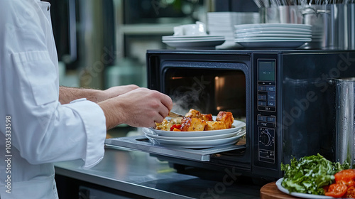 A chef placing food into a microwave for quick reheating during a busy shift photo