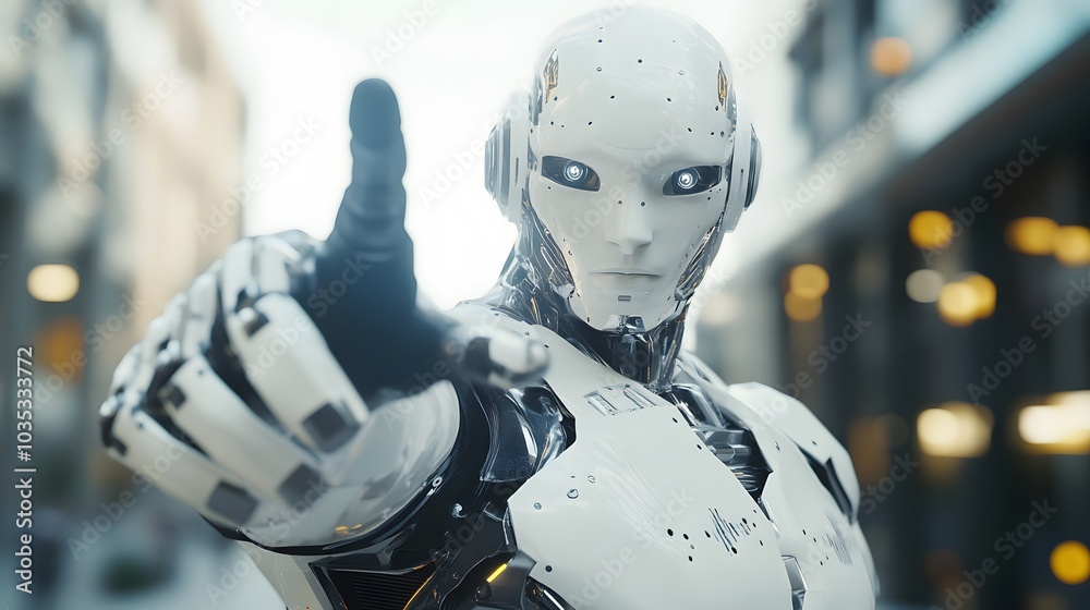 White cyborg pointing his finger 3D rendering. White cyborg pointing his finger 3D rendering.