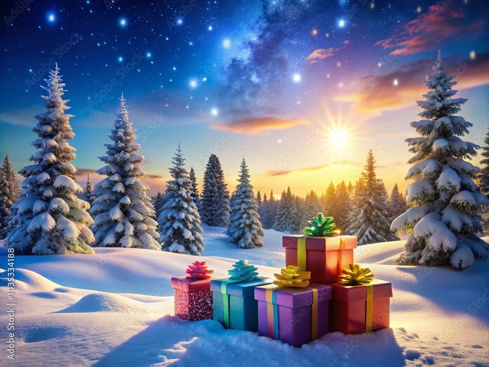 Colorful Christmas Gift Boxes Stacked Together in a Festive Winter Landscape Colorful Christmas Gift Boxes Stacked Together in a Festive Winter Landscape