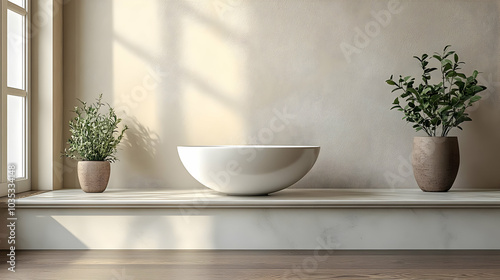 Wallpaper Mural Minimalist Interior Design: A White Bowl and Plants on a Marble Ledge Torontodigital.ca