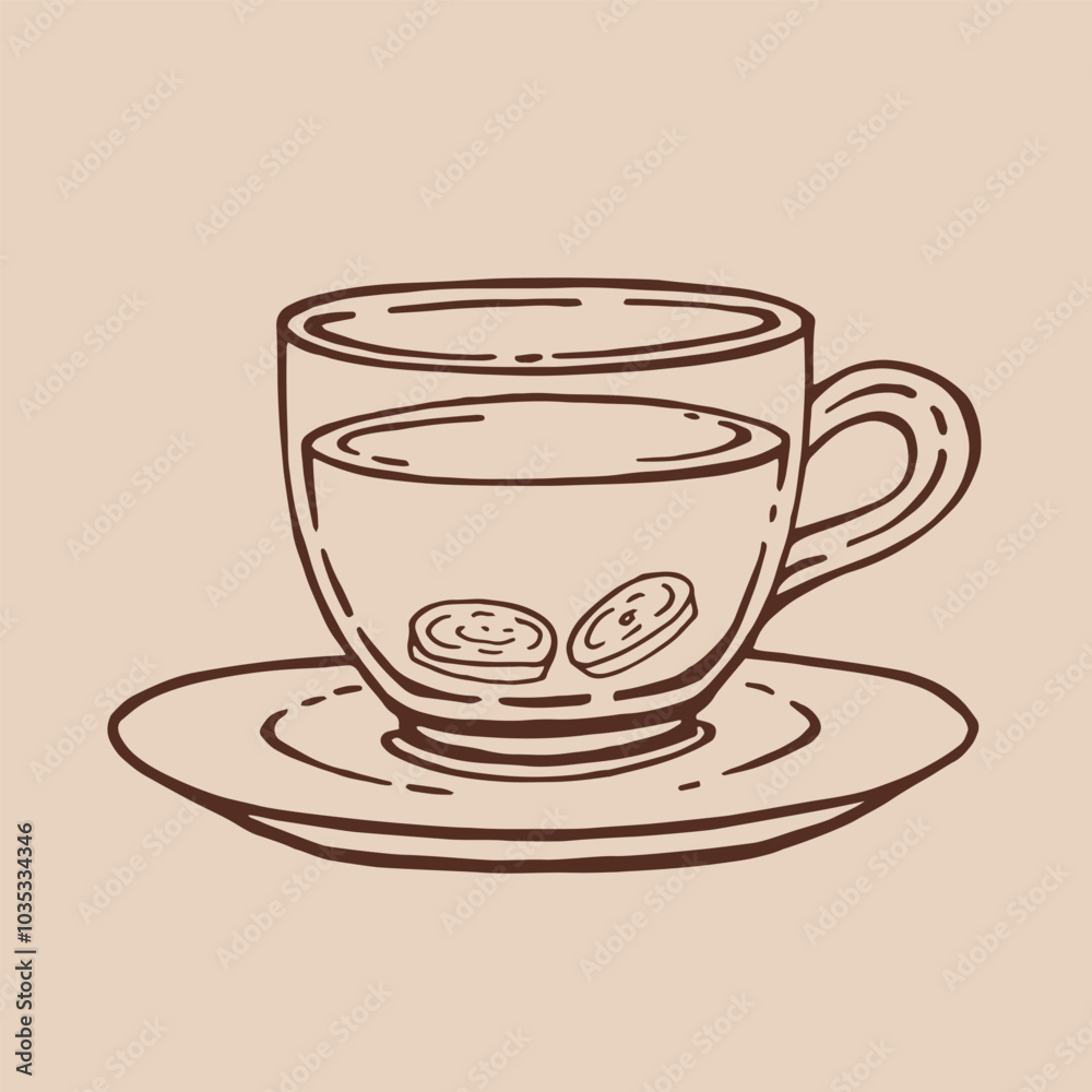 Cup of tea with ginger. Hand drawn vector illustration in outline style.