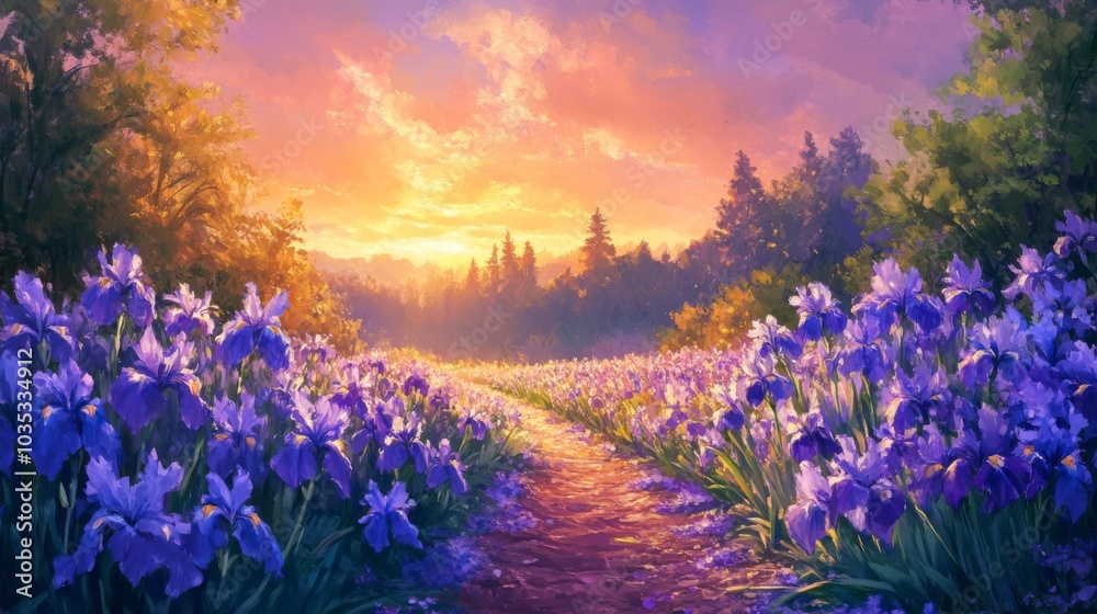 Naklejka premium A Path Through a Field of Purple Iris Flowers at Sunset