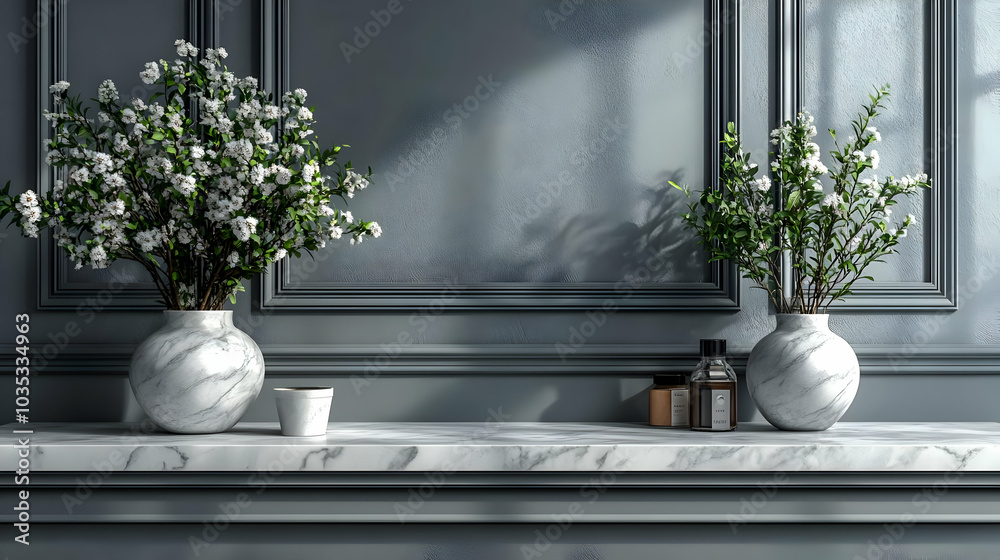 Elegant White Flowers in Marble Vases on a Gray Wall with White Marble Shelf - Minimalist Home Decor Inspiration Elegant White Flowers in Marble Vases on a Gray Wall with White Marble Shelf - Minimalist Home Decor Inspiration