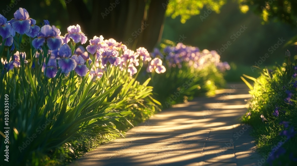 Obraz premium A Sunlit Path Through a Garden of Purple Irises