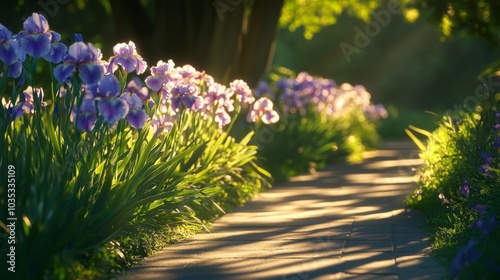 A Sunlit Path Through a Garden of Purple Irises