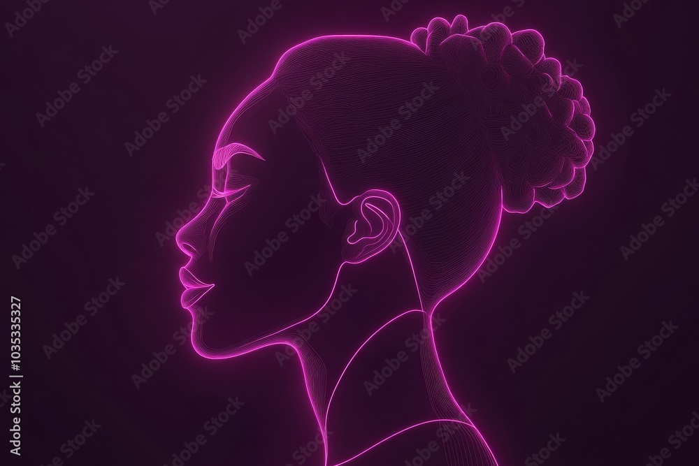 Neon outline of a womans profile with a glowing afro hairstyle symbolizing digital creativity modern communication and tech driven collaboration in a vibrant futuristic setting Neon outline of a womans profile with a glowing afro hairstyle symbolizing digital creativity modern communication and tech driven collaboration in a vibrant futuristic setting