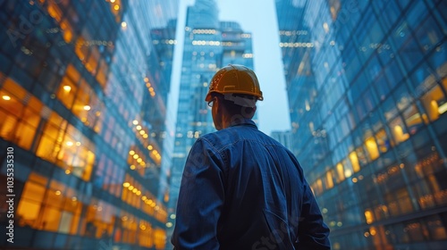 A construction worker admires the skyline amidst glass buildings at twilight. Generative AI