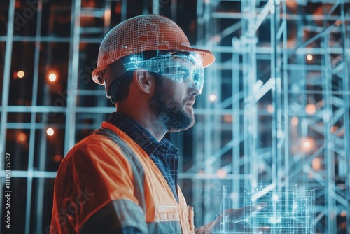 Fototapeta Naklejka Na Ścianę i Meble -  Futuristic Construction Site with Holographic Technology Visualization