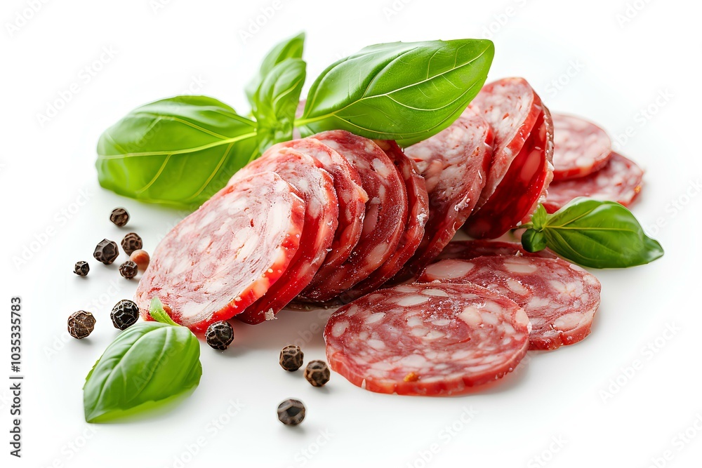 A pile of sliced sausage sitting on top of a white surface A pile of sliced sausage sitting on top of a white surface