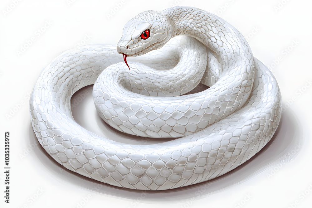 Fototapeta premium 白蛇の神秘的なイラスト。赤い瞳の美しいデザイン
