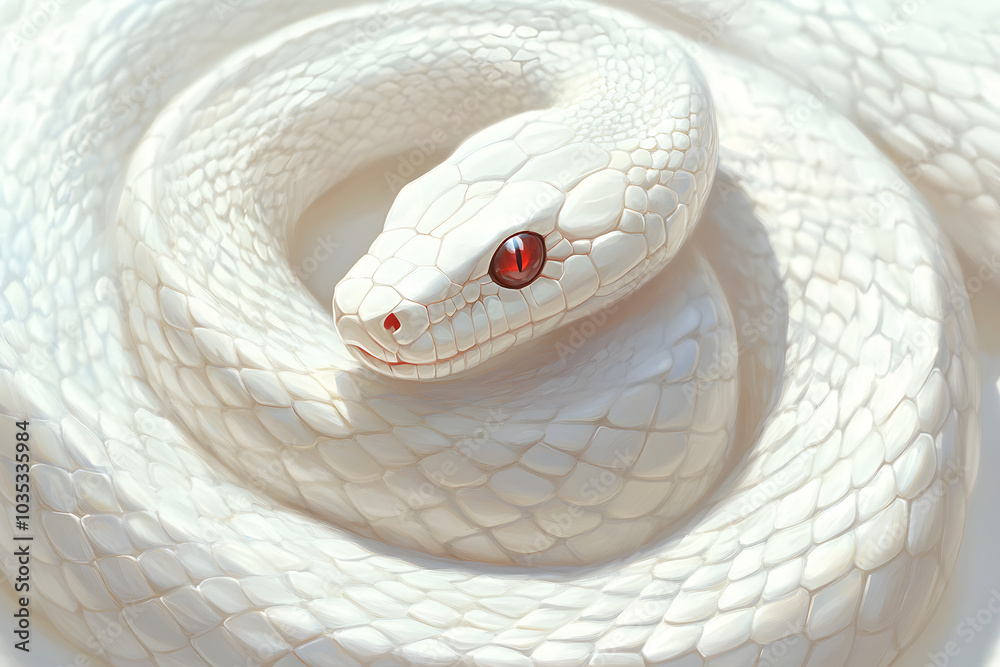 Fototapeta premium 白蛇の神秘的なイラスト。赤い瞳の美しいデザイン