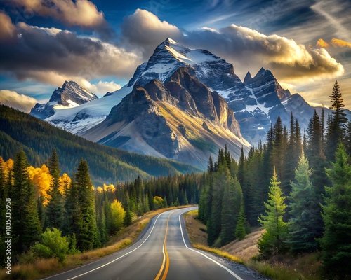 a road with a mountain in the background.