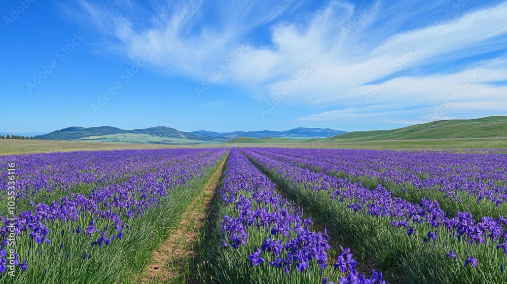 Naklejka premium A Path Through a Field of Purple Irises Against a Blue Sky and Rolling Green Hills