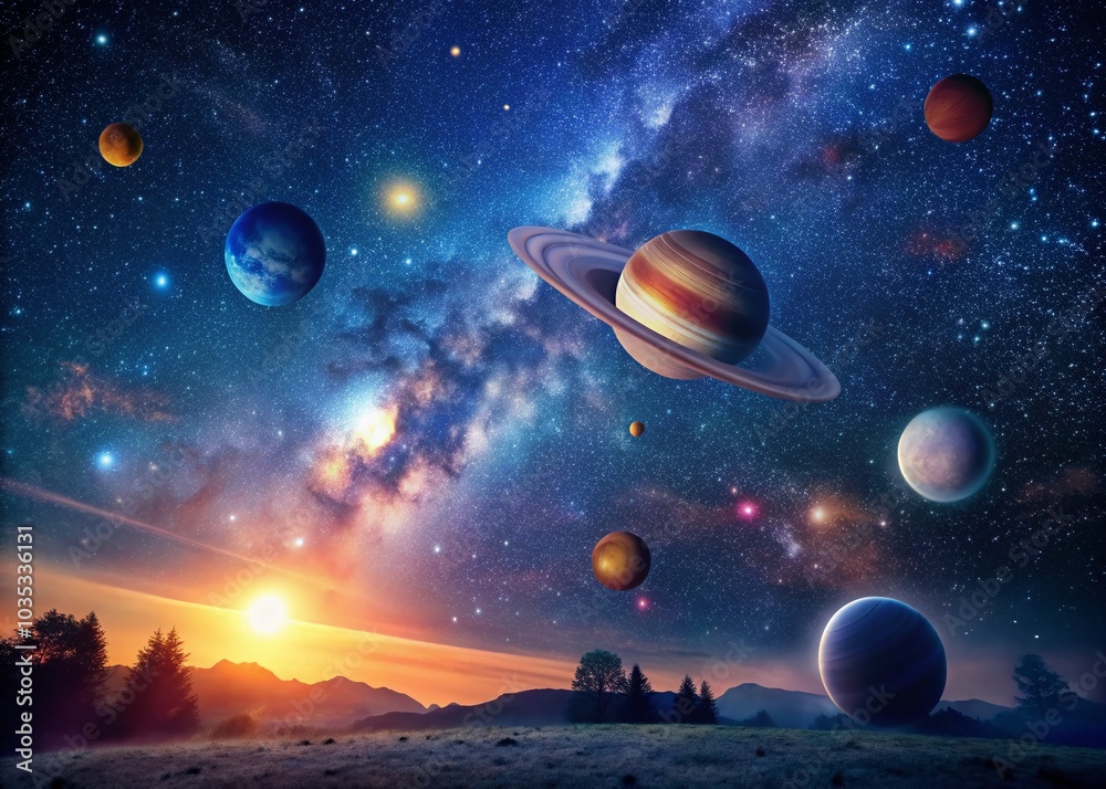Fototapeta premium Colorful Galactic Landscape with Planets and Twinkling Stars for Stunning Architectural Photography