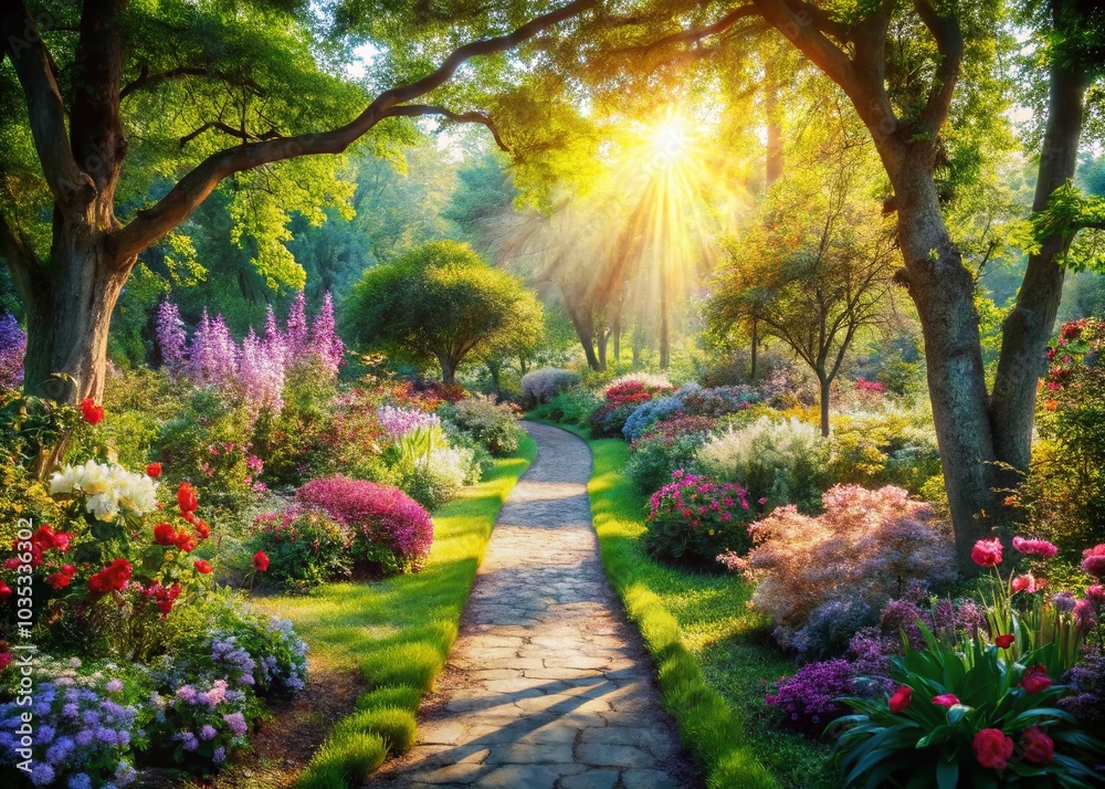 Colorful Garden Path in a Serene Park with Blooming Flowers and Lush Greenery for Nature Lovers Colorful Garden Path in a Serene Park with Blooming Flowers and Lush Greenery for Nature Lovers