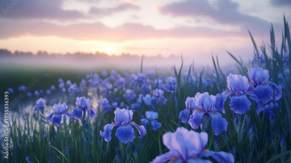 Fototapeta premium Purple Iris Flowers in a Field at Sunrise with Fog