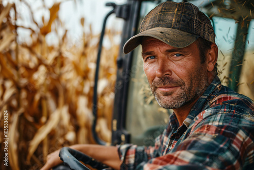 A farmer relaxes in his tractor while surrounded by ripe cornfields under a clear sky. The warm light highlights his experienced expression during the busy harvest season.