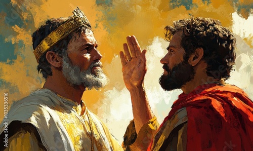 David is anointed king  1 Samuel 16. Digital illustration, Generative AI