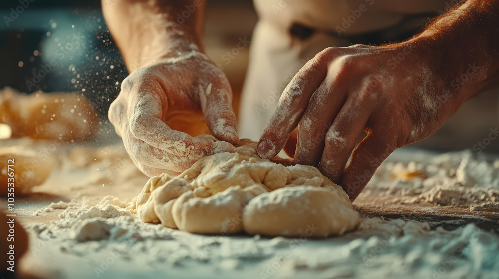 baker kneading dough on the table baker kneading dough on the table