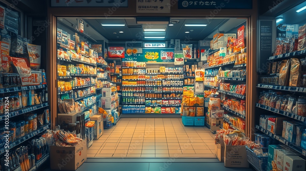 A brightly lit aisle in a store filled with various food products and snacks on shelves.
