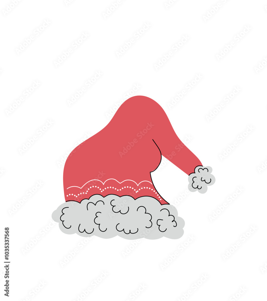 Red Santa Claus hat with white fur isolated on white background. Hand drawn vector flat colored illustration. Traditional merry christmas and happy new year wear for party celebration Red Santa Claus hat with white fur isolated on white background. Hand drawn vector flat colored illustration. Traditional merry christmas and happy new year wear for party celebration