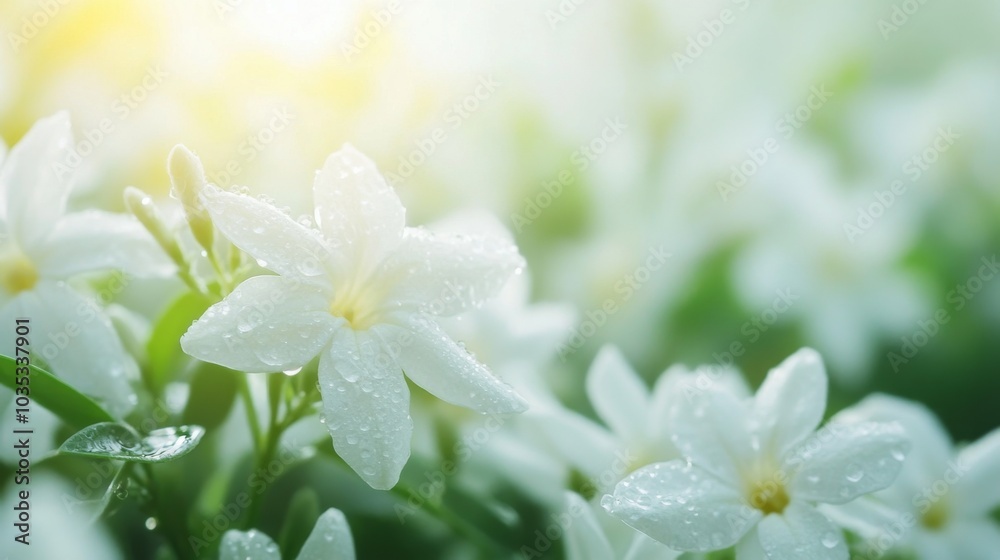 Fototapeta premium White Flower with Dew Drops in Soft Sunlight
