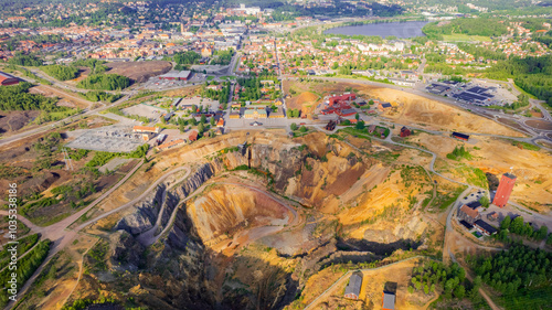 Aerial view of the falun mine with beautiful patterns and greenery, falun, sweden.