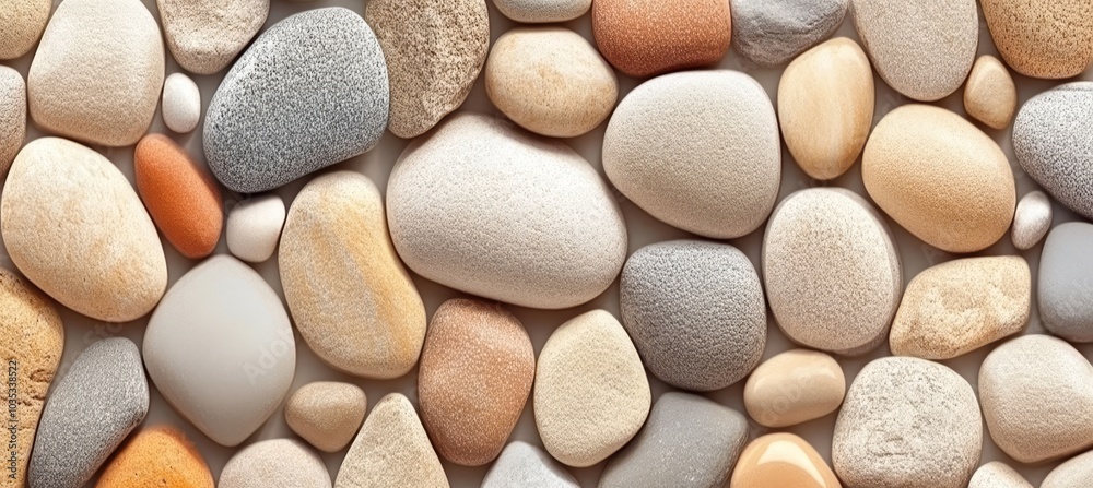 Smooth, Round Beige and Gray Pebbles Fill the Frame, Creating a Textured, Natural Background. Smooth, Round Beige and Gray Pebbles Fill the Frame, Creating a Textured, Natural Background.