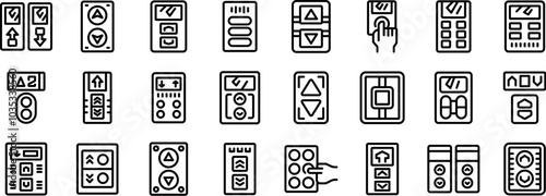 Elevator control panel icons set. This set of elevator button icons illustrates various designs and functionalities found in modern elevators