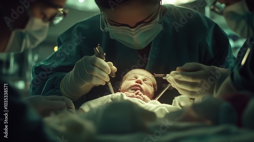 Close-up of a newborn baby boy as the doctor cuts the umbilical cord, surrounded by soft hospital lighting.