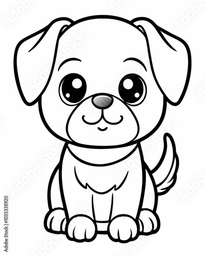 Cute kawaii dog illustration in minimalist black and white style for children's coloring book on a white background 