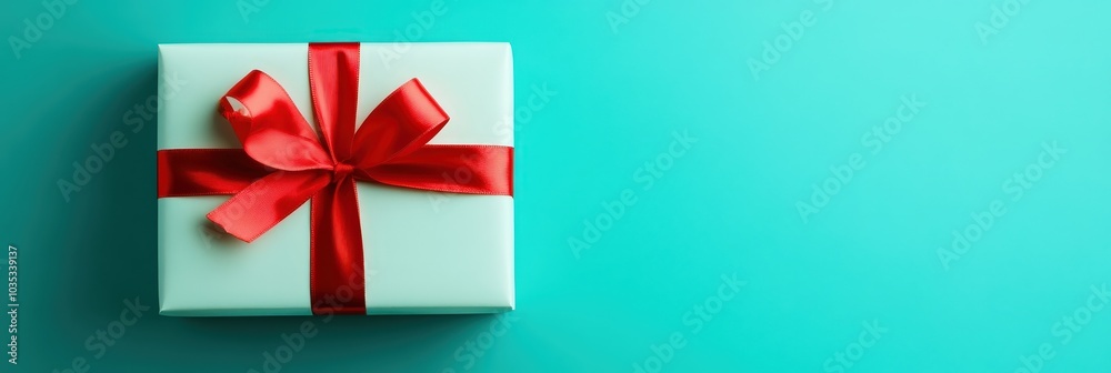 Elegant Gift Box with Red Ribbon on Turquoise Background