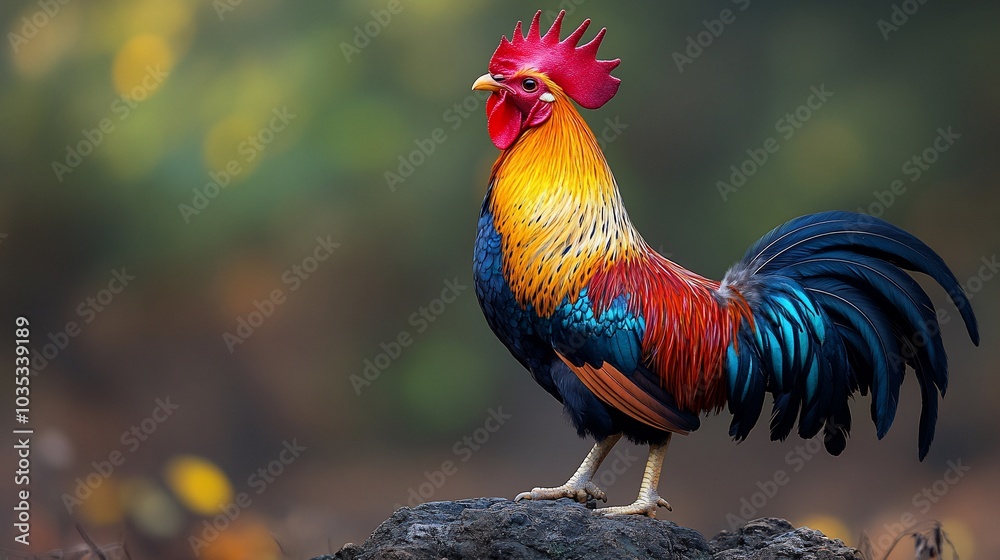 A vibrant rooster stands proudly, showcasing its colorful feathers in a natural setting. A vibrant rooster stands proudly, showcasing its colorful feathers in a natural setting.