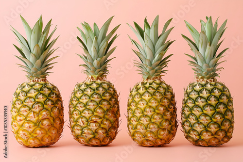 Four fresh pineapples arranged neatly on a soft pink background showcasing their vibrant colors and textures. Generative AI