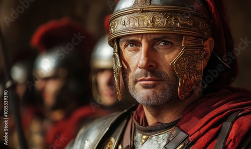 Photorealistic portrait of roman soldiers in armor. Biblical character. Historical character, Generative AI