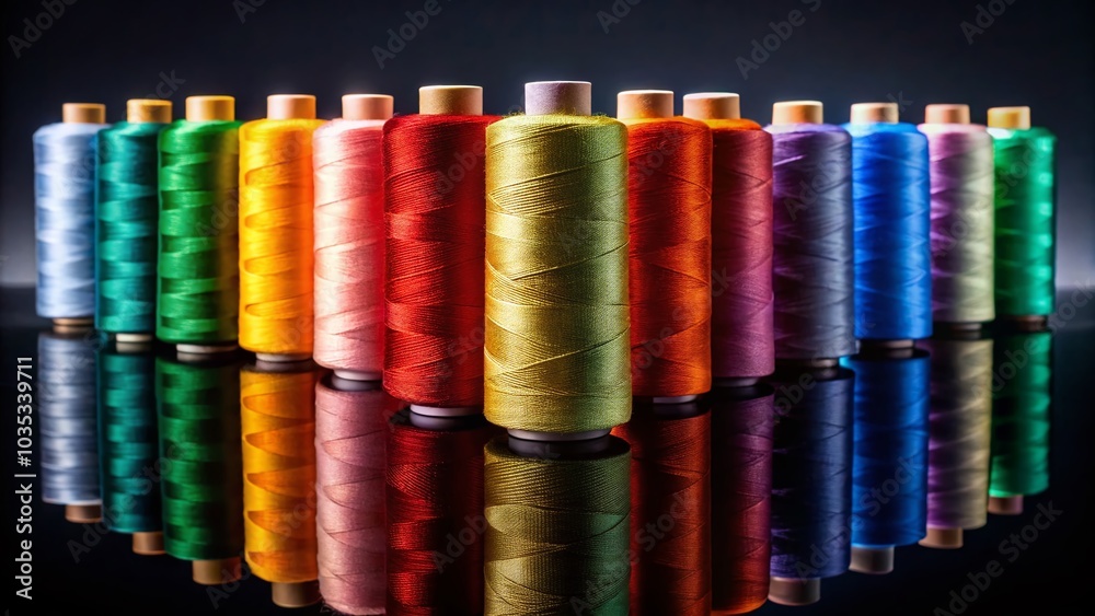 Colorful Spools of Thread on Black Background - Vibrant Textile Art and Craft Photography Colorful Spools of Thread on Black Background - Vibrant Textile Art and Craft Photography