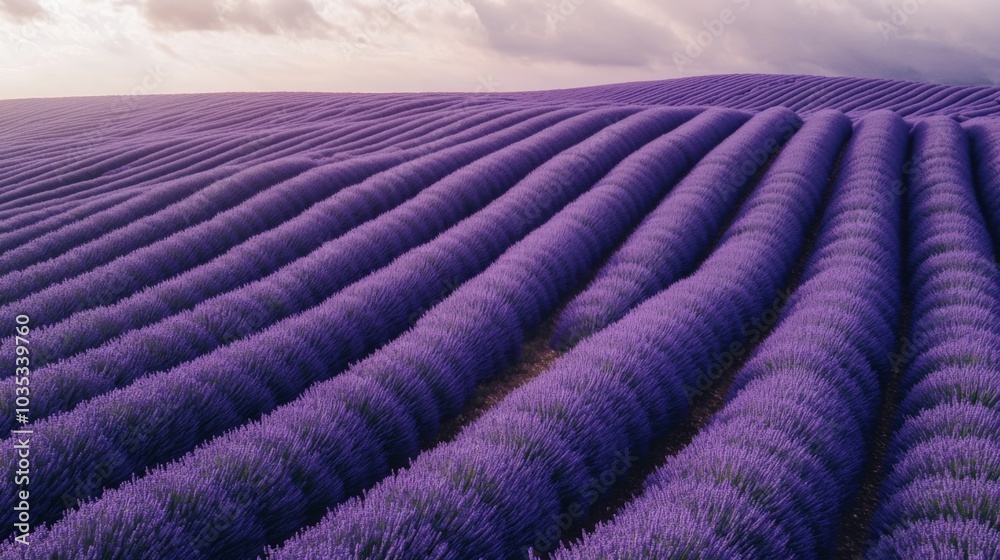 Fototapeta premium Aerial View of a Lavender Field with Rows of Purple Flowers