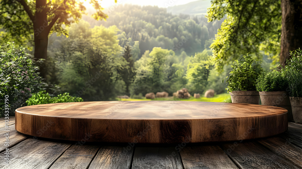 Wooden Tabletop with Green Meadow Background, Perfect for Product Displays or Mockups Wooden Tabletop with Green Meadow Background, Perfect for Product Displays or Mockups