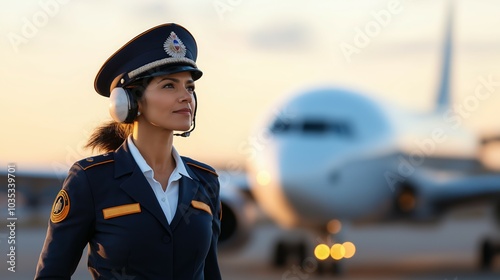 Focused Indian Female Pilot in Aviation Uniform with Airplane in Background photo