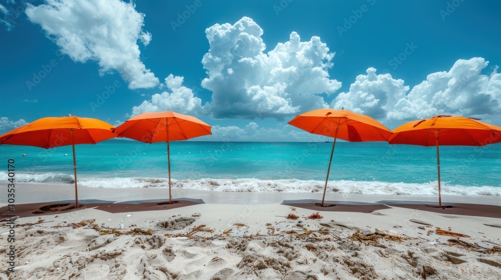 Sunlit beach with vibrant orange umbrellas shading the soft white sand and tranquil turquoise waters under fluffy clouds. Generative AI Sunlit beach with vibrant orange umbrellas shading the soft white sand and tranquil turquoise waters under fluffy clouds. Generative AI
