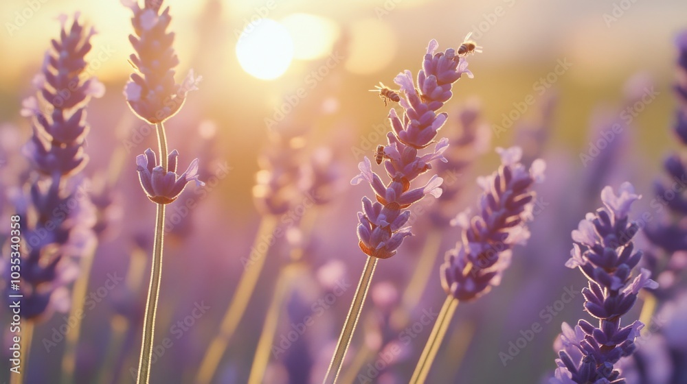 Obraz premium Bees Pollinating Lavender Flowers in Soft Sunset Light