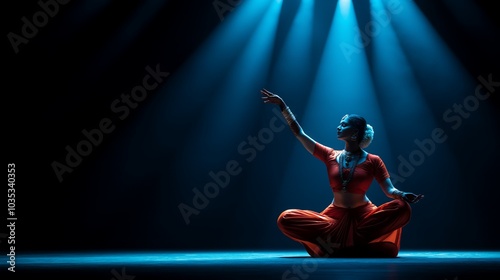 Kathakali Performer Presenting Indian Classical Dance on Stage in Dramatic Spotlight