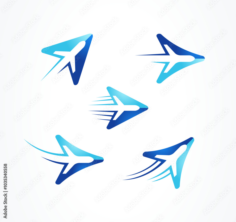 Set Airplane silhouette arrows takeoff vector Set Airplane silhouette arrows takeoff vector