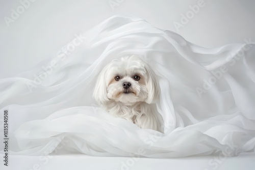 A small, fluffy dog peeking out from under soft white fabric on a light background.